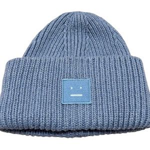 Acne Studios Women's Blue Pansy Ribbed Knit Wool Smiley Smile Face Beanie